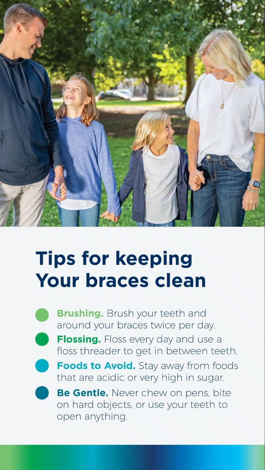 Family enjoying time together outdoors, with two children smiling and holding hands with their parents, emphasizing the importance of maintaining braces hygiene and care.