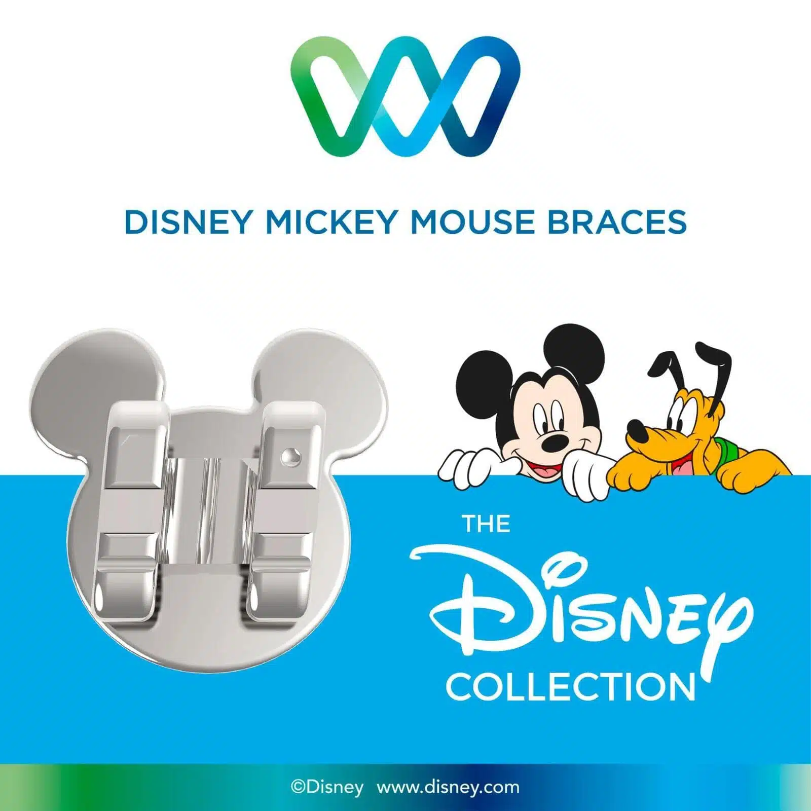 Disney Mickey Mouse braces featuring a silver bracket shaped like Mickey's head, accompanied by images of Mickey Mouse and Pluto, showcasing the fun and personalized design options available for orthodontic treatment.