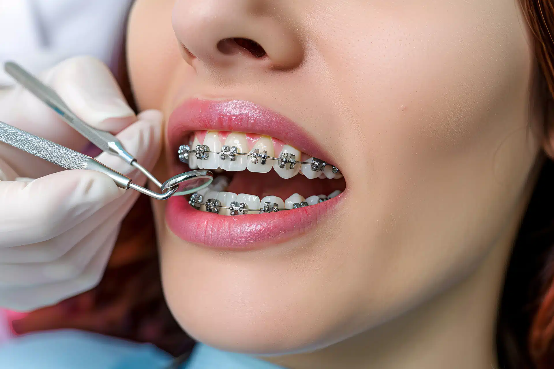 Patient receiving orthodontic treatment with braces, showcasing dental tools and brackets, emphasizing the process of teeth alignment.