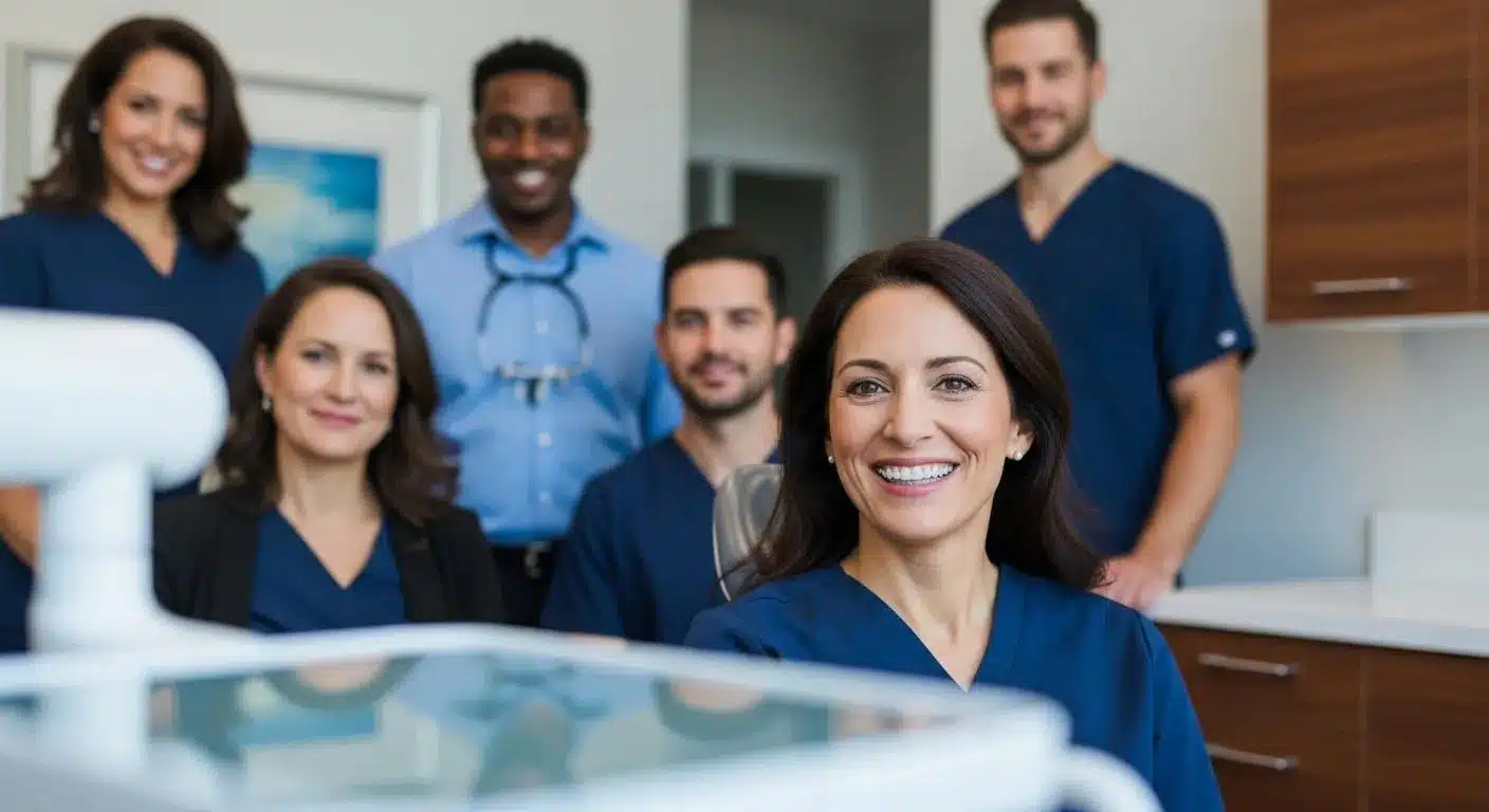 Dental team members smiling in an orthodontic office, highlighting adult orthodontic care and Invisalign treatments.