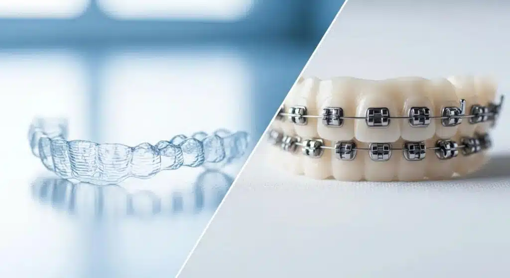 Invisalign aligner on the left and traditional metal braces on the right, illustrating orthodontic options for adults seeking discreet teeth straightening solutions.