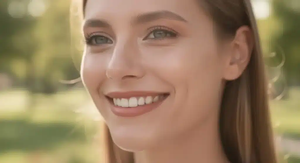 Person smiling outdoors with straight teeth after braces