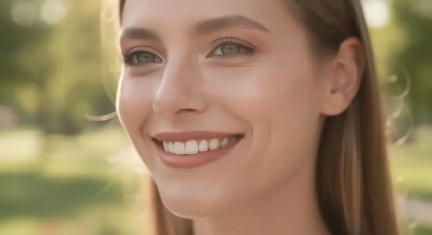 Person smiling outdoors with straight teeth after braces