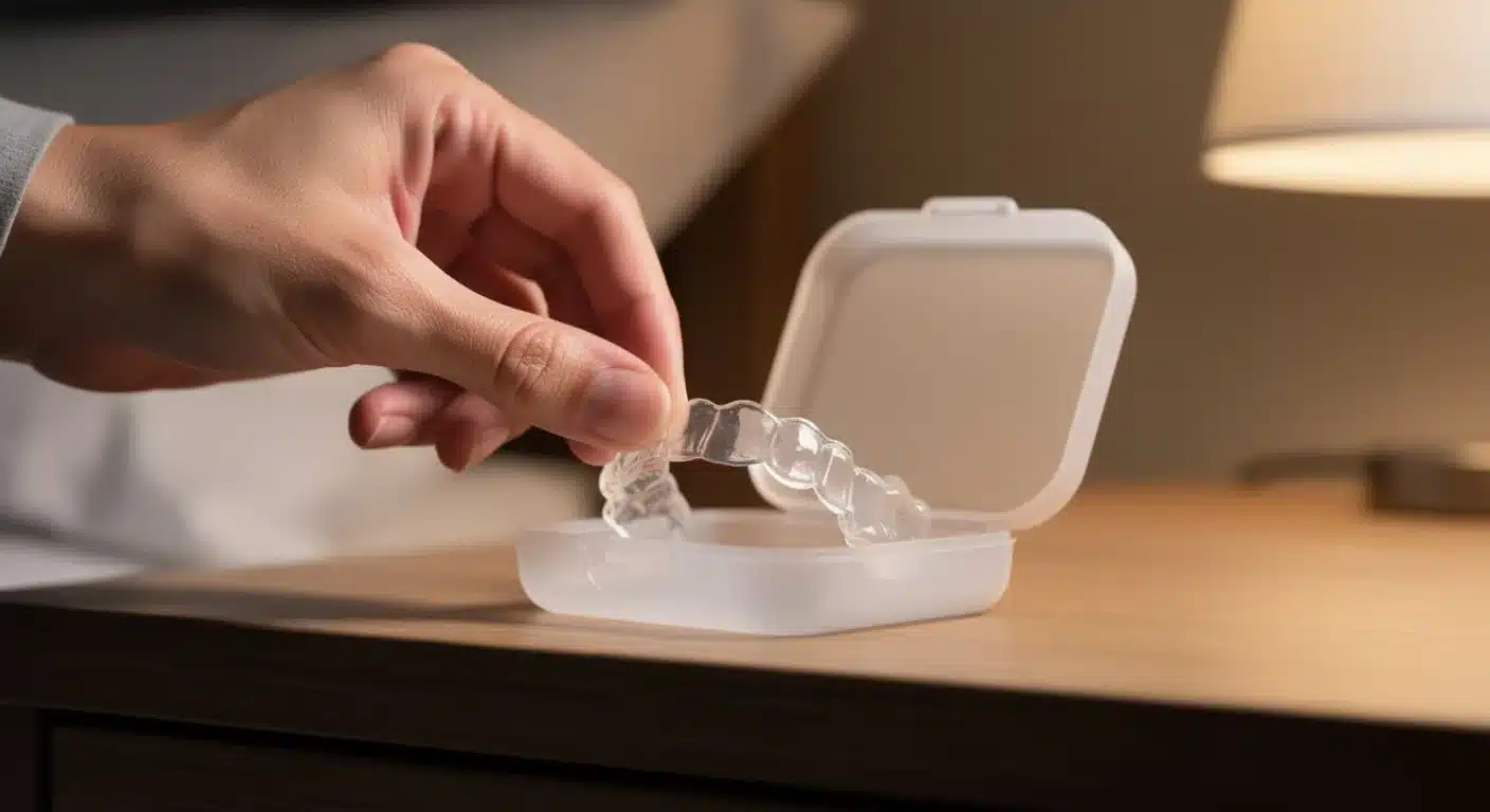 Person storing a clear retainer in its protective case